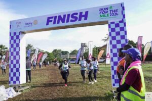 Runners cross the finish line at the Run For The Nile Marathon 2026 in Jinja, marking a collective effort to protect the River Nile and Lake Victoria