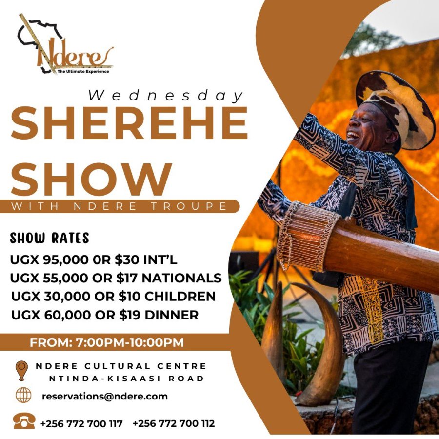 Catch the infectious energy of the Ndere Troupe at the Sherehe Show, one of Kampala’s most exciting weekly cultural experiences