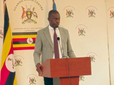 The Minister of State for Tourism Wildlife and Antiquities Hon. Martin Mugarra Bahinduka addresses the audience during the official launch of International Museums Day 2026 at the Uganda Media Centre International Museums Day 2026 Uganda