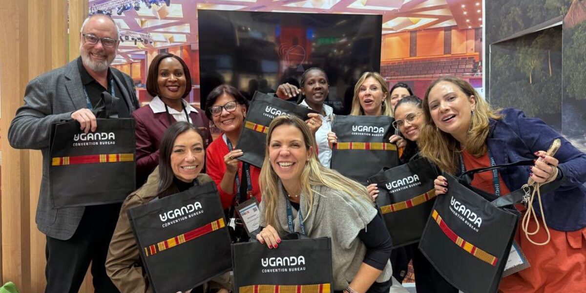 Members of the Uganda delegation proudly display Uganda Convention Bureau merchandise at IMEX Frankfurt 2026