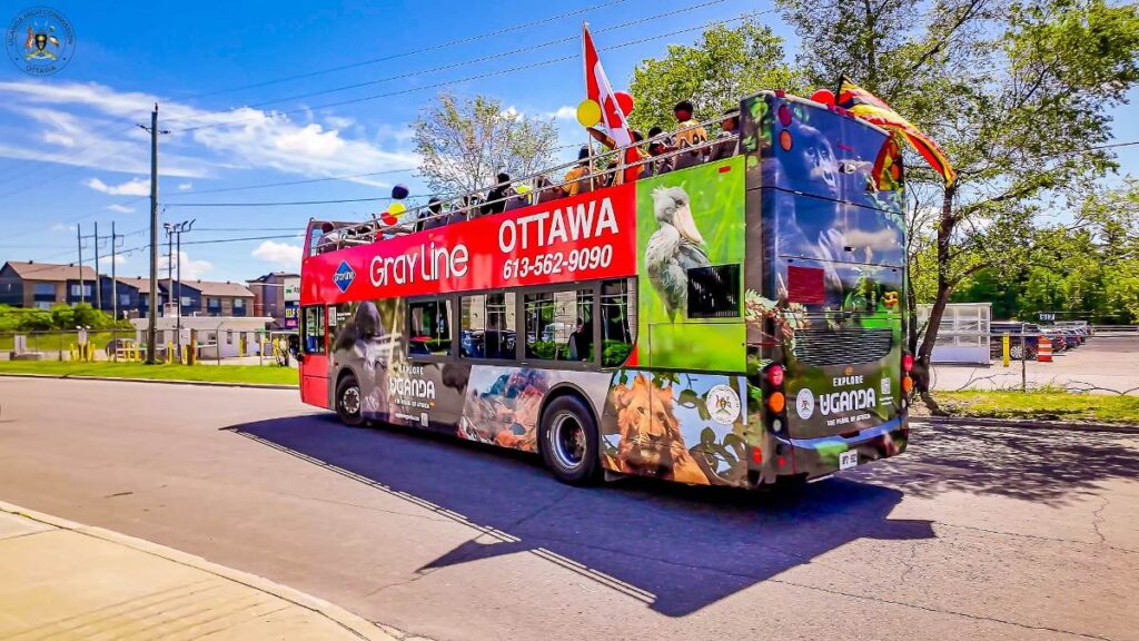 The Uganda Tourism double-decker bus, fully wrapped with images of mountain gorillas, lions, and Uganda’s iconic landscapes, makes its debut on Ottawa streets