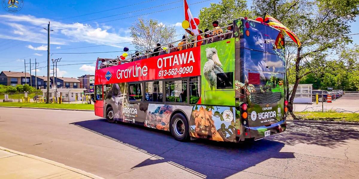 The Uganda Tourism double-decker bus, fully wrapped with images of mountain gorillas, lions, and Uganda’s iconic landscapes, makes its debut on Ottawa streets