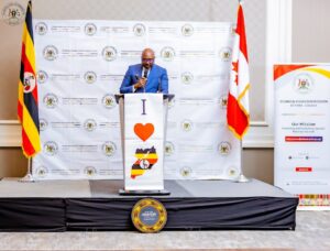 Charge d’Affaires of the Uganda High Commission in Ottawa delivers remarks at the launch event, emphasizing the strong bilateral relationship between Uganda and Canada and inviting Canadian travelers to explore the Pearl of Africa