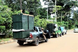 Animal relocation convoy en route to the new UWEC Mbale Zoo. Vehicles carrying lions, zebras, ostriches, and other species make the journey from Entebbe to Eastern Uganda ahead of the official opening on June 12th, 2026