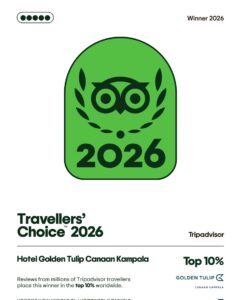 Official TripAdvisor Travellers’ Choice Award 2026 Winner certificate for Golden Tulip Cana’an Kampala. The hotel has been recognised in the Top 10% of hotels worldwide based on millions of genuine guest reviews