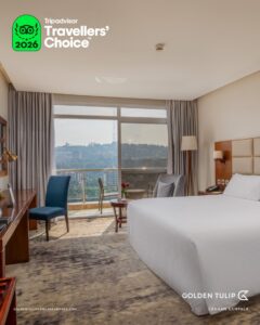 Spacious deluxe room at Golden Tulip Kampala overlooking the scenic Kampala hills, one of the highlights praised by guests in the TripAdvisor Travellers’ Choice Award 2026