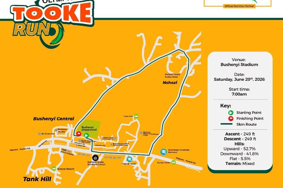 Official 5KM Route Map for the Olympic Day Tooke Run 2026 in Bushenyi, Uganda