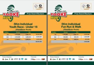Prize Award Structure for the 5KM Youth Race (Under 16) and Fun Run & Walk categories at the Olympic Day Tooke Run 2026 in Bushenyi, Uganda