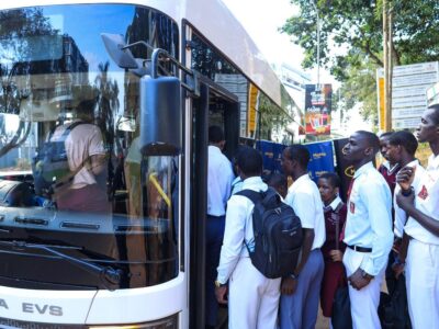Students in smart uniforms queue to board the new E-Bus Xpress electric vehicle using their MTN MoMo-powered wristbands at the launch of the smart school transport solution in Kampala Students in smart uniforms queue to board the new E-Bus Xpress electric vehicle using their MTN MoMo-powered wristbands at the launch of the smart school transport solution in Kampala