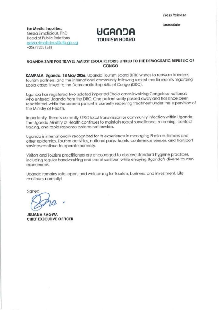 Press release by the Uganda Tourism Board in regards to the current Ebola situation