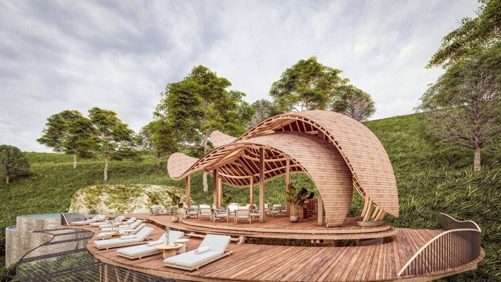 Relaxation area at Erebero Hills Lodge featuring a sculptural wooden deck with sun loungers and shaded pavilion, perfectly positioned to soak in the misty beauty of Uganda’s Bwindi Impenetrable Forest