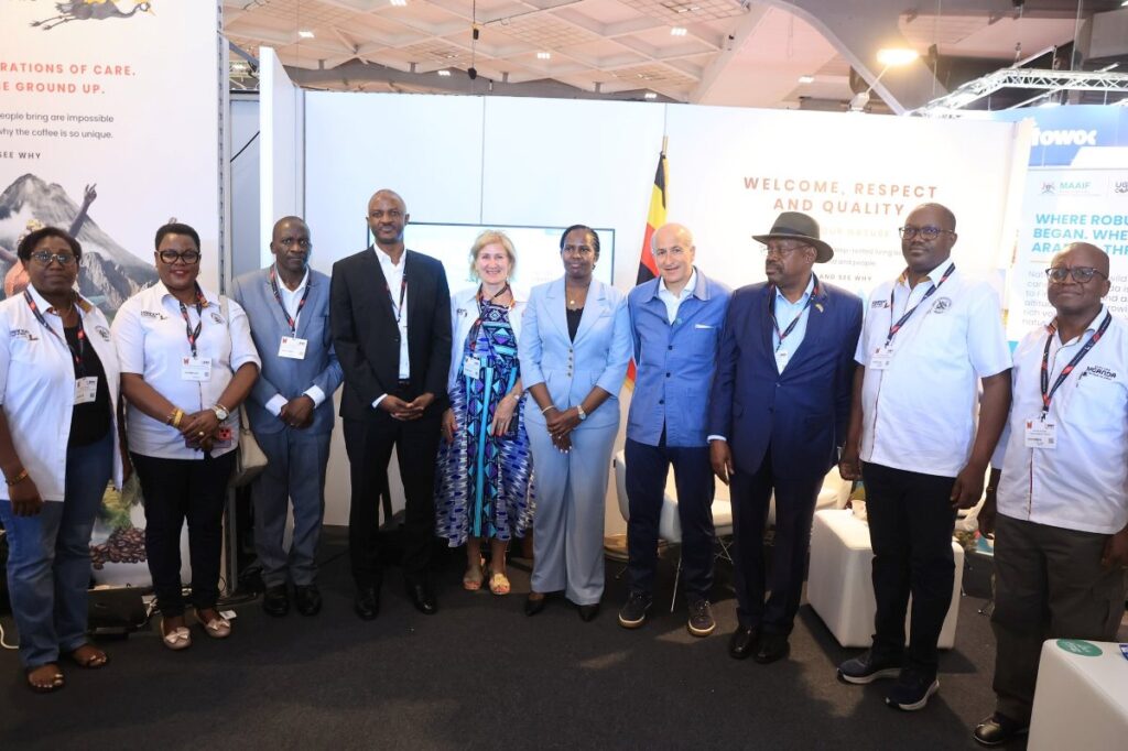 Ugandan officials and dignitaries pose for a commemorative photo at the successful launch of Uganda’s first national coffee brand at World of Coffee Brussels 2026