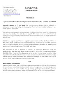 Uganda Tourism Board official press release announcing the high-level Roc Nation delegation visit ahead of AFCON 2027, highlighting strategic marketing partnerships for the Pearl of Africa