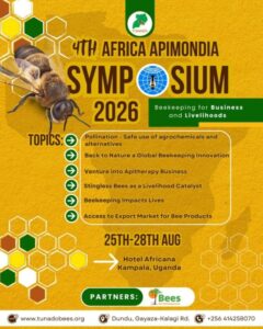 Official poster for the 4th Africa Apimondia Symposium 2026. Scheduled for 25th–28th August at Hotel Africana, Kampala, the event promises live beekeeping lessons and discussions on business, innovation, and livelihoods