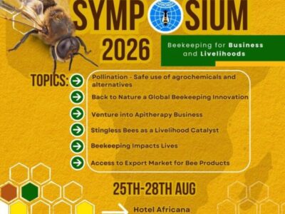 Official poster for the 4th Africa Apimondia Symposium 2026. Scheduled for 25th–28th August at Hotel Africana, Kampala, the event promises live beekeeping lessons and discussions on business, innovation, and livelihoods Official poster for the 4th Africa Apimondia Symposium 2026. Scheduled for 25th–28th August at Hotel Africana, Kampala, the event promises live beekeeping lessons and discussions on business, innovation, and livelihoods