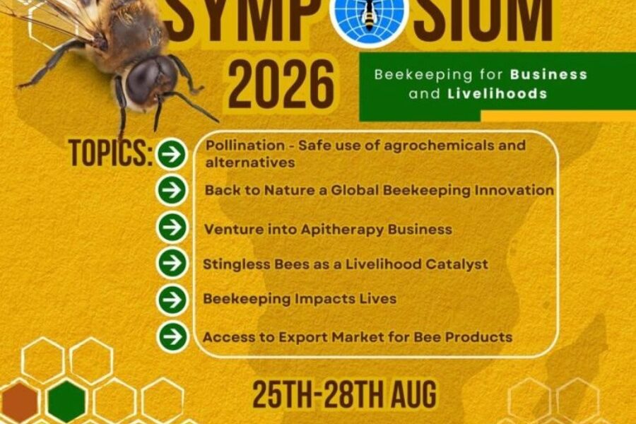 Official poster for the 4th Africa Apimondia Symposium 2026. Scheduled for 25th–28th August at Hotel Africana, Kampala, the event promises live beekeeping lessons and discussions on business, innovation, and livelihoods