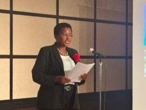 H.E. Tophace Kaahwa, Uganda’s Ambassador to Japan, delivers remarks during the New Karuma Bridge contract signing ceremony held at the Keio Plaza Hotel in Tokyo on 10th July 2026