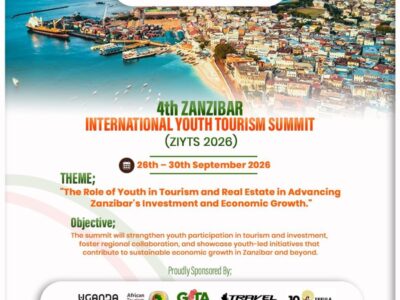 Aerial view of Zanzibar’s Stone Town harbour and waterfront promoting the 4th Zanzibar International Youth Tourism Summit (ZIYTS 2026), scheduled for 26th to 30th September 2026