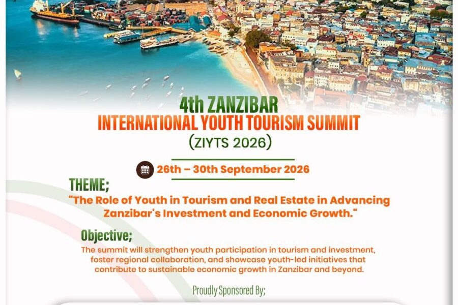 Aerial view of Zanzibar’s Stone Town harbour and waterfront promoting the 4th Zanzibar International Youth Tourism Summit (ZIYTS 2026), scheduled for 26th to 30th September 2026