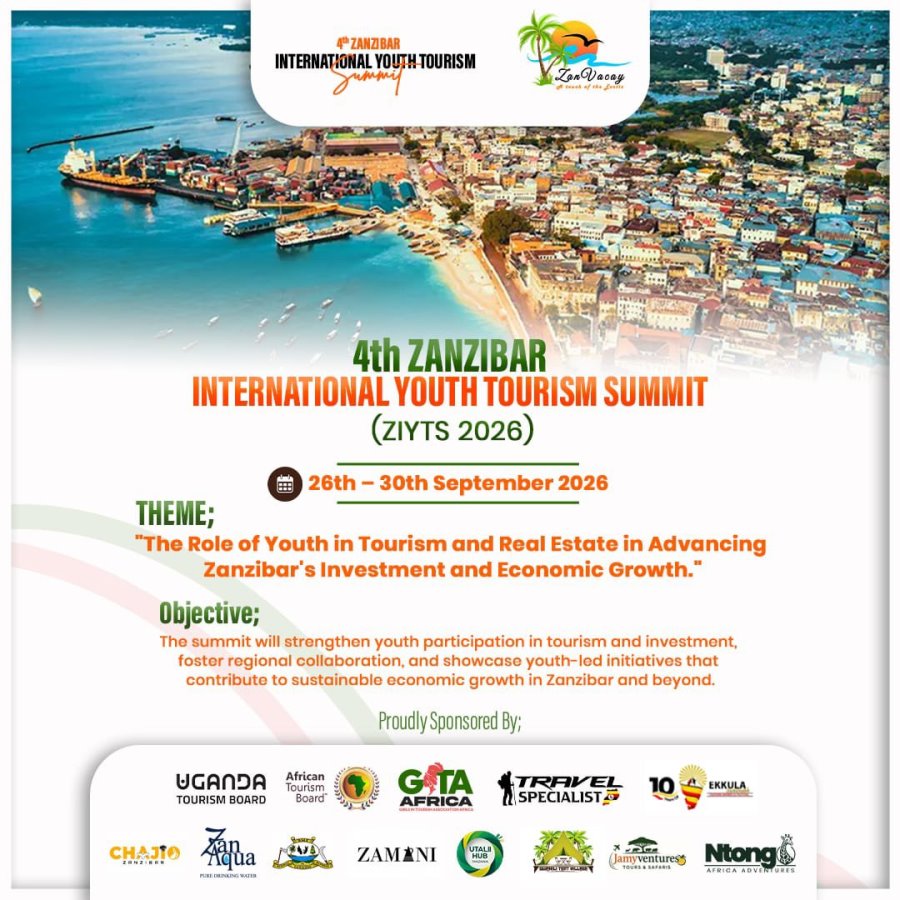 Aerial view of Zanzibar’s Stone Town harbour and waterfront promoting the 4th Zanzibar International Youth Tourism Summit (ZIYTS 2026), scheduled for 26th to 30th September 2026