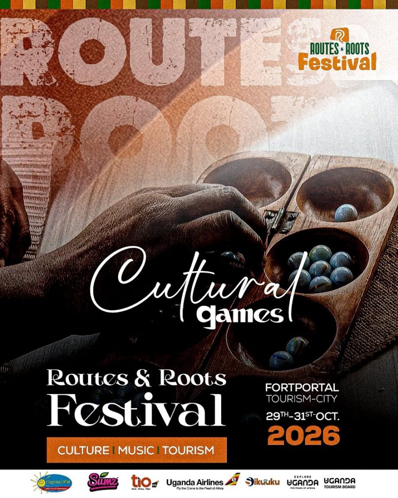 Official poster for the Routes & Roots Festival 2026 (29–31 October, Fort Portal, Uganda), featuring traditional cultural games as a symbol of the event’s focus on culture, music and tourism