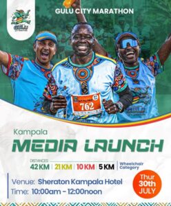 Official promotional poster for the Gulu City Marathon 2026 Kampala media launch, held at the Sheraton Kampala Hotel on Thursday, 30th July 2026