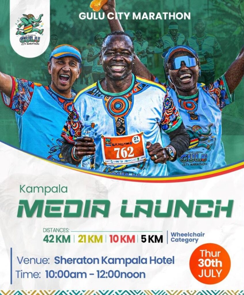 Official promotional poster for the Gulu City Marathon 2026 Kampala media launch, held at the Sheraton Kampala Hotel on Thursday, 30th July 2026