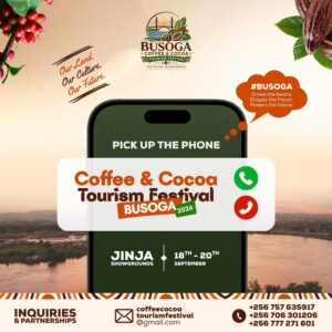 Official poster for the Busoga Coffee & Cocoa Tourism Festival 2026, set for 18th-20th September at Jinja Showgrounds, promoting the region’s agricultural transformation and agro-tourism potential