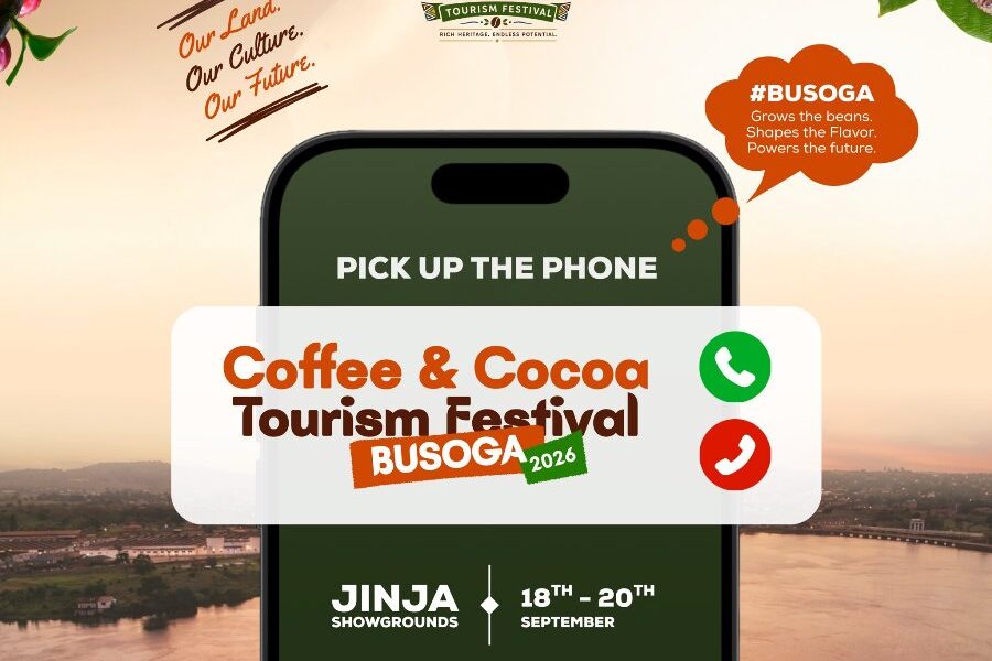 Official poster for the Busoga Coffee & Cocoa Tourism Festival 2026, set for 18th-20th September at Jinja Showgrounds, promoting the region’s agricultural transformation and agro-tourism potential