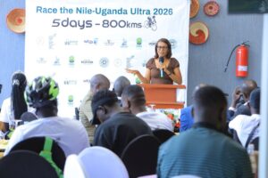 Lilly Ajarova speaks at the podium during the official launch of Race the Nile - Uganda Ultra 2026 in Arua