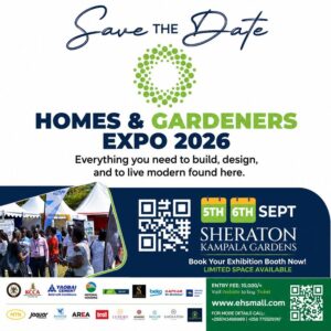 Homes & Gardeners Expo 2026 poster, happening from the 5th to 6th September, 2026 at Sheraton Kampala Gardens, Kampala. Entry UGX 10,000 per person