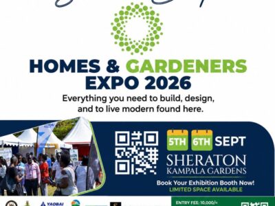 Homes & Gardeners Expo 2026 poster, happening from the 5th to 6th September, 2026 at Sheraton Kampala Gardens, Kampala. Entry UGX 10,000 per person