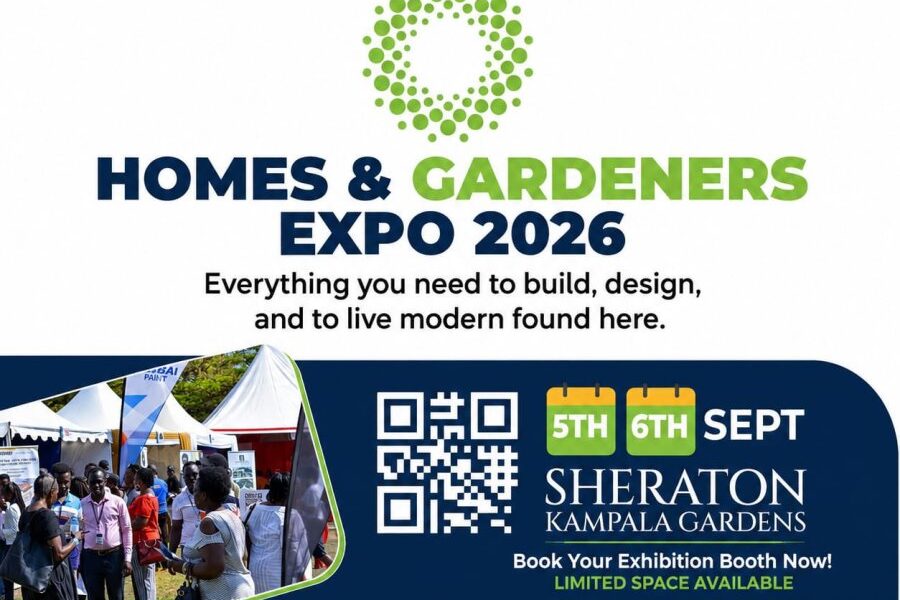 Homes & Gardeners Expo 2026 poster, happening from the 5th to 6th September, 2026 at Sheraton Kampala Gardens, Kampala. Entry UGX 10,000 per person