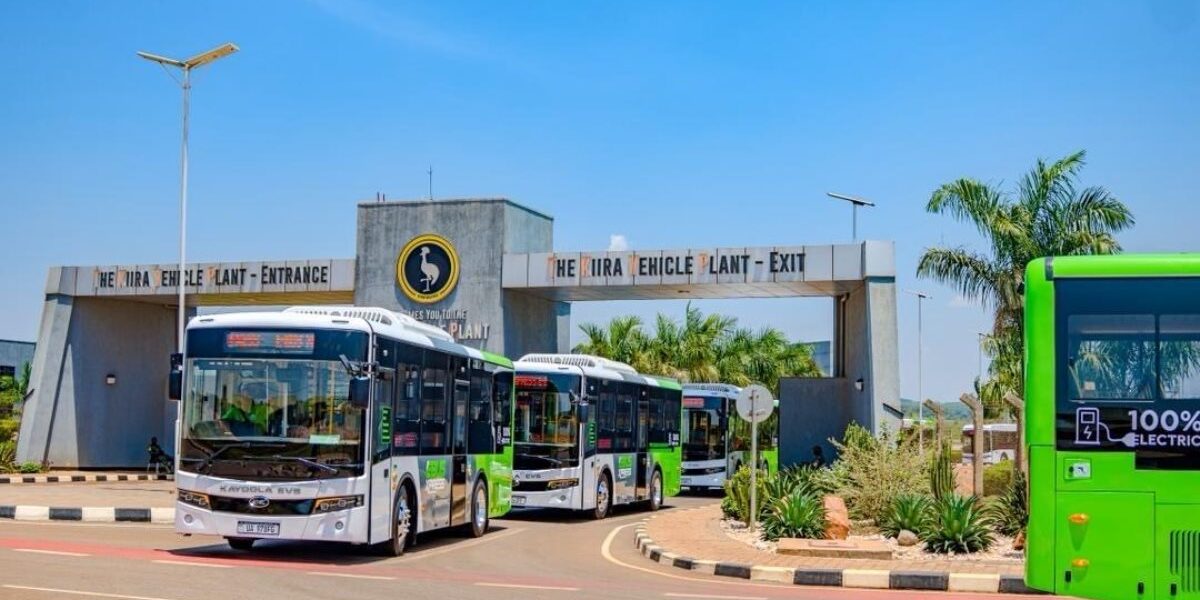 Kayoola Electric Buses exit the Kiira Vehicle Plant under clear skies on 28 August 2026, ahead of their official commissioning and deployment on new public transport routes in Kira Municipality and the Kampala metropolitan area