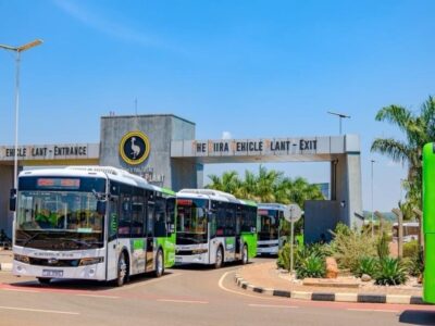 Kayoola Electric Buses exit the Kiira Vehicle Plant under clear skies on 28 August 2026, ahead of their official commissioning and deployment on new public transport routes in Kira Municipality and the Kampala metropolitan area