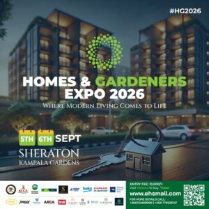 Homes & Gardeners Expo 2026 poster, happening from the 5th to 6th September, 2026 at Sheraton Kampala Gardens, Kampala. Entry UGX 10,000 per person