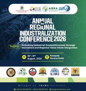Official promotional banner for the 3rd Annual Regional Industrialization Conference 2026, taking place on 18th-19th August at Kampala Serena Hotel under the theme ‘Unlocking Industrial Competitiveness through Innovation and Regional Value Chain Integration
