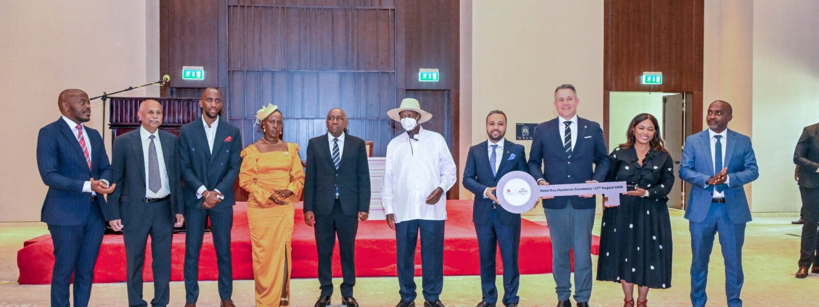 Officials present the ceremonial key during the Hotel Key Handover Ceremony for the Kampala Marriott Hotel and Marriott Executive Apartments, officiated by the President of Uganda, H.E Yoweri K. Museveni on 27th August 2026
