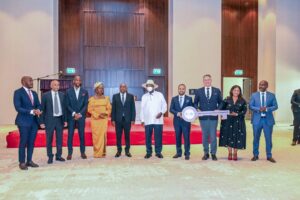 Officials present the ceremonial key during the Hotel Key Handover Ceremony for the Kampala Marriott Hotel and Marriott Executive Apartments, officiated by the President of Uganda, H.E Yoweri K. Museveni on 27th August 2026