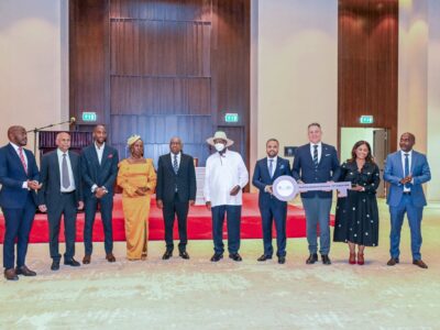 Officials present the ceremonial key during the Hotel Key Handover Ceremony for the Kampala Marriott Hotel and Marriott Executive Apartments, officiated by the President of Uganda, H.E Yoweri K. Museveni on 27th August 2026
