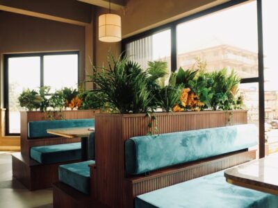 Tiered wooden booth seating upholstered in teal velvet, topped with tropical plants and flowers, overlooking the street through large windows at Café Shires Tiered wooden booth seating upholstered in teal velvet, topped with tropical plants and flowers, overlooking the street through large windows at Café Shires