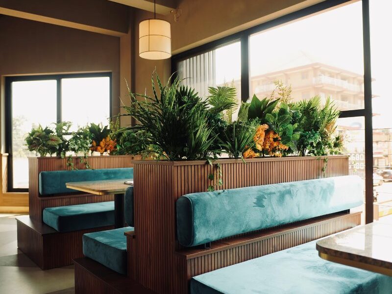 Tiered wooden booth seating upholstered in teal velvet, topped with tropical plants and flowers, overlooking the street through large windows at Café Shires