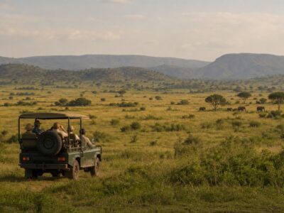Guests enjoy a classic game drive across the open savannah near Rift Craters Eco Lodge, with elephants grazing against the backdrop of the rolling hills of Queen Elizabeth National Park