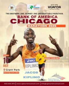 Promotional poster for the 2026 Bank of America Chicago Marathon featuring Ugandan brothers Jacob Kiplimo and Oscar Chelimo