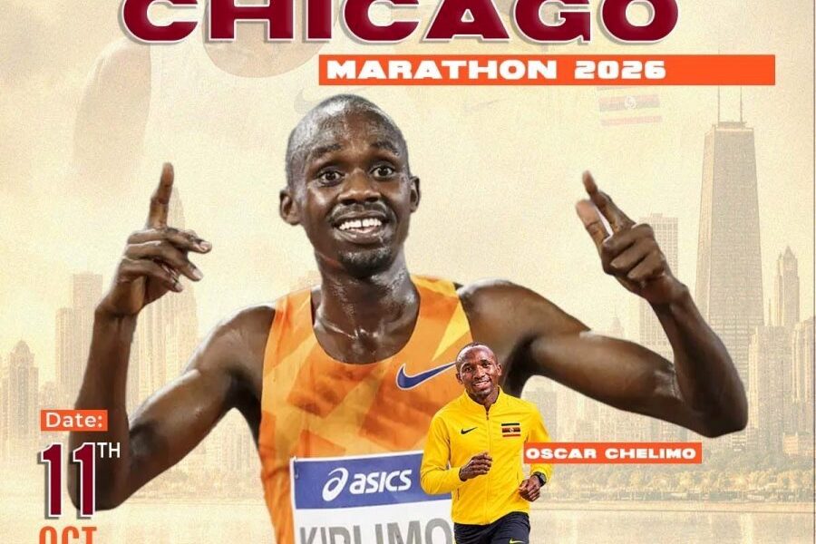 Promotional poster for the 2026 Bank of America Chicago Marathon featuring Ugandan brothers Jacob Kiplimo and Oscar Chelimo