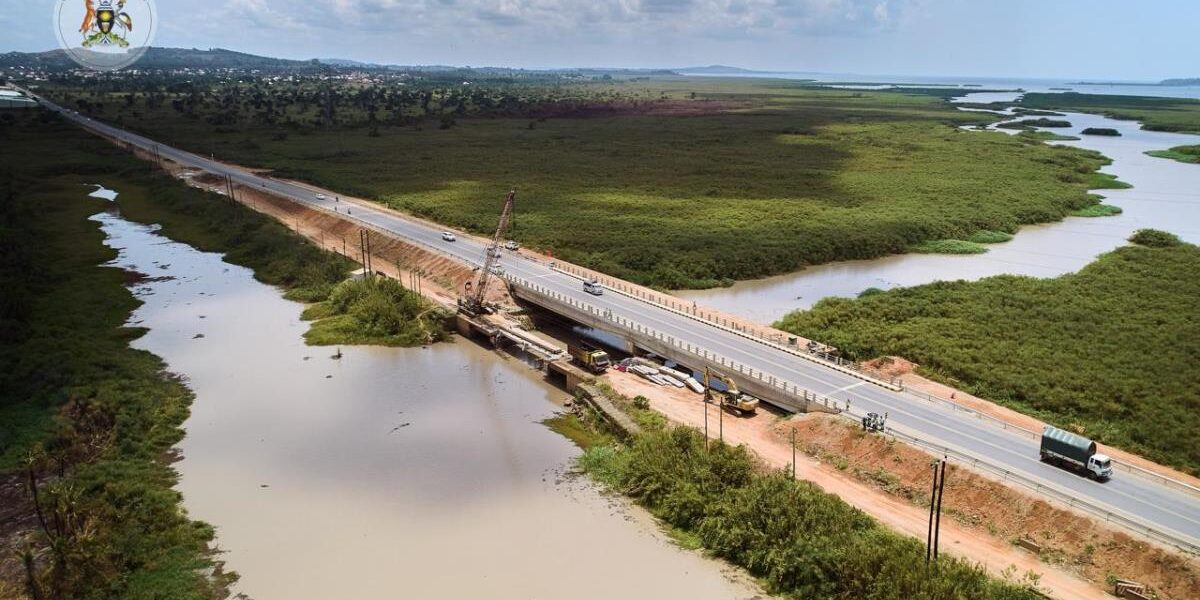 Aerial view of the newly reconstructed and fully opened Katonga Bridge on Uganda’s Kampala-Masaka Highway, spanning the wetlands and designed to withstand future flooding