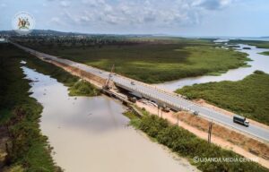 Aerial view of the newly reconstructed and fully opened Katonga Bridge on Uganda’s Kampala-Masaka Highway, spanning the wetlands and designed to withstand future flooding