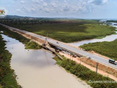 Aerial view of the newly reconstructed and fully opened Katonga Bridge on Uganda’s Kampala-Masaka Highway, spanning the wetlands and designed to withstand future flooding Aerial view of the newly reconstructed and fully opened Katonga Bridge on Uganda’s Kampala-Masaka Highway, spanning the wetlands and designed to withstand future flooding