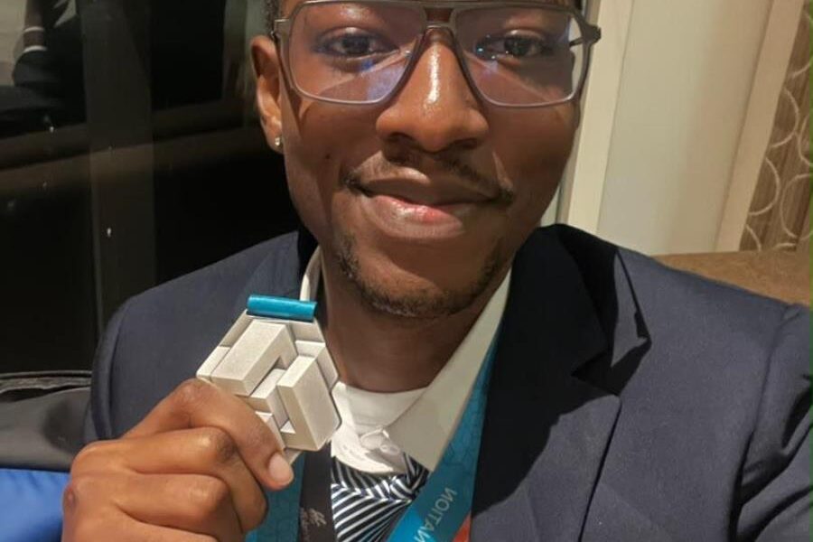 Paul Terran Lugobe, showing off his Medal of Excellence in Culinary Arts that he won at the 48th WorldSkills Competition held in Shanghai, China