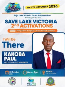Kakoba Paul, Lake Victoria Youth Ambassador, stands ready in formal attire to support the Save Lake Victoria 2nd Activations under the theme “Every Shore A Legacy • Every Youth A Steward